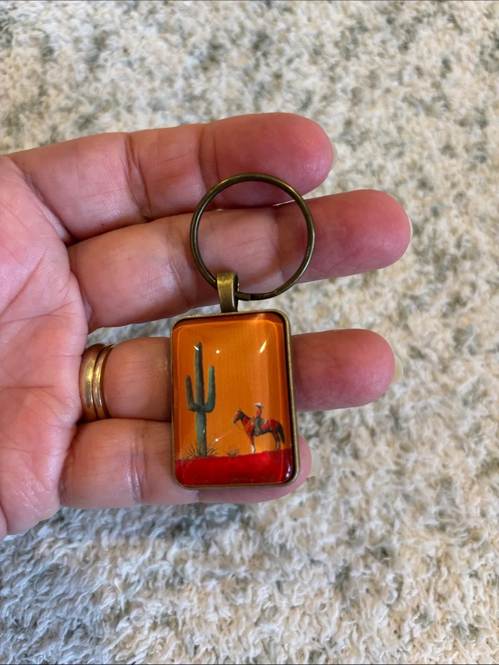 Orange Desert Cactus Cowboy Horse Keychain Brass NWT 2.5”